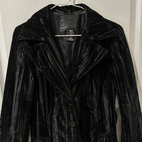 Guess Jeans Glamour Black Crushed Velvet Duster Trench Coat - Picture 5 of 15